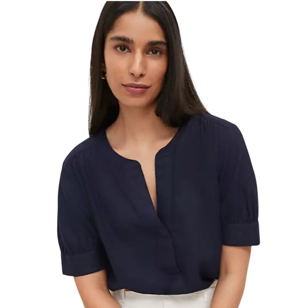 Ann‎ Taylor Half Sleeve Linen Blend Popover Top in Night Sky Navy Blue Size XS